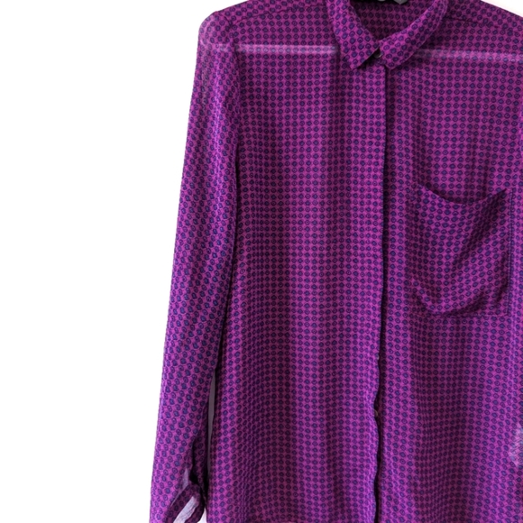 SmartSet Women's Medium Sized Purple Patterned Blouse Sheer Button Down Shirt - Picture 2 of 11